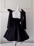 Niulatu A line Straps Black Satin Birthday Outfit Homecoming Dresses HZ1110