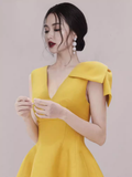 Niulatu A line V Neckline Yellow Satin Birthday Outfit Homecoming Dresses HZ1110