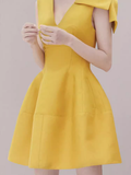 Niulatu A line V Neckline Yellow Satin Birthday Outfit Homecoming Dresses HZ1110