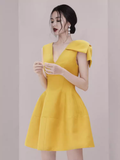 Niulatu A line V Neckline Yellow Satin Birthday Outfit Homecoming Dresses HZ1110