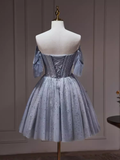Niulatu A line Off The Shoulder Tulle Gray Blue Homecoming Dresses HZ1110