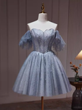 Niulatu A line Off The Shoulder Tulle Gray Blue Homecoming Dresses HZ1110