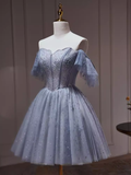 Niulatu A line Off The Shoulder Tulle Gray Blue Homecoming Dresses HZ1110