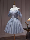 Niulatu A line Off The Shoulder Tulle Gray Blue Homecoming Dresses HZ1110