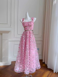 Niulatu A Line Pink Tulle Flowers Long Prom Dress HZ1110
