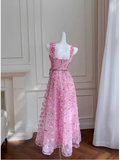 Niulatu A Line Pink Tulle Flowers Long Prom Dress HZ1110