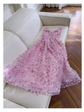 Niulatu A Line Pink Tulle Flowers Long Prom Dress HZ1110