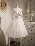 Niulatu A line Spaghetti Straps Tulle White Short Homecoming Dresses HZ1110