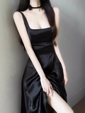 Niulatu A Line Straps Sleeveless Slit Black Prom Dress HZ1110