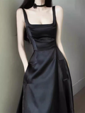 Niulatu A Line Straps Sleeveless Slit Black Prom Dress HZ1110