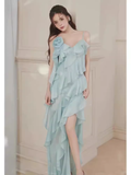 Niulatu A Line Spaghetti Straps Sleeveless Slit Chiffon Prom Dress HZ1110