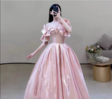 Niulatu Ball Gown Off The Shoulder Pink Long Prom Dresses HZ1110