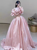Niulatu Ball Gown Off The Shoulder Pink Long Prom Dresses HZ1110