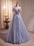 Niulatu A Line Off The Shoulder Short Sleeves Tulle Long Prom Dress HZ1110