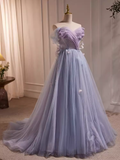 Niulatu A Line Off The Shoulder Short Sleeves Tulle Long Prom Dress HZ1110
