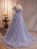 Niulatu A Line Off The Shoulder Short Sleeves Tulle Long Prom Dress HZ1110