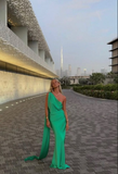 Niulatu Green One Shoulder Satin Long Evening Dress Formal Prom Dress HZ1007