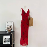 Cute A line V Neckline Red Floral Long Summer Dress For Women HZ1214