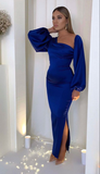 Niulatu Long Sleeve Evening Dresses Sexy Satin Mermaid Slit Evening Gowns HZ1007