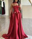 Niulatu A-Line Satin Burgundy Long Prom Dress Strapless Evening Dress HZ1007