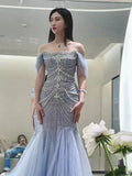 Niulatu Mermaid Off The Shoulder Blue Tulle Silver Beads Long Prom Dresses Formal Evening Dress SD1399