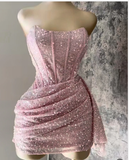 Niulatu Sheath Strapless Pink Sequin Homecoming Dresses Short Birthday Outfits HZ1110