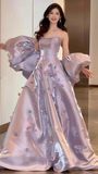 Niulatu Lilac Satin Appliques Prom Dress Strapless A-Line Evening Gown HZ1007