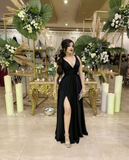 Niulatu Deep V Neck Long Evening Dress Black Bridesmaid Dress HZ1007
