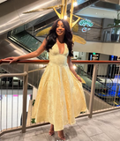 Niulatu Halter Deep V Evening Dress Yellow Satin Print Prom Dress HZ1007