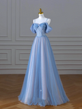 Niulatu A Line Spaghetti Straps Long Party Dress Blue Prom Dresses SD2449
