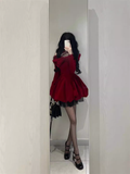 Niulatu Ball Gown Long Sleeves Velvet Red Short Cocktail Dresses Birthday Outfits SD572