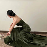 Niulatu Sheath Spaghetti Straps Floor Length Olive Green Long Party Dresses Birthday Outfits SD433