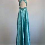 Niulatu V Neck Satin Sequin Formal Prom Dress Backless Evening Dress HZ1007