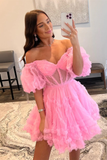 Niulatu Off-the-Shoulder Ruffles Puff Sleeves Homecoming Dress,Party Dress HZ0113