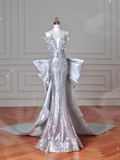 Niulatu Silver Sequin 3D Beaded Mermaid Evening Dress Long Prom Dress With Bow HZ1007