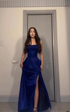 Niulatu Blue A Line Spaghetti Strap Sequin Prom Dress Evening Dress with Slit HZ0113