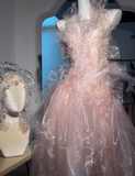 Niulatu Pink Tulle Beaded Prom Dress Long Backless Evening Dress HZ1007