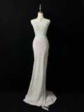 Niulatu White Spaghetti Straps Sequins Prom Dress Mermaid Slit Tassel Evening Dress HZ1007