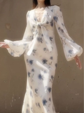 Niulatu Ice Blue Rose Chiffon Print Floral Prom Dress Long Mermaid Evening Dress HZ1007
