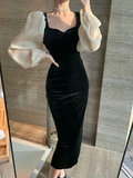 Niulatu V-Neck Elegant Black Stitching Velvet Dress Female Retro High Waist Puff Sleeves Evening Dress HZ1007