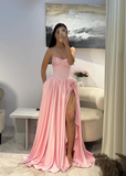 Niulatu A Line Sweetheart Neck Pleated Satin Prom Dress Wedding Guest Dress with Slit HZ0113