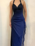 Niulatu Halter Ombre Navy Blue V Neck Chiffon Long Prom Dress Party Evening Gown HZ1007