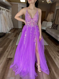 Niulatu V Neck Tulle Lace Appliques Long Prom Dress High Slit Evening Dress HZ1007