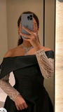 Niulatu A Line Boat Neck Evening Dresses Beads Long Sleeve Floor Length Satin Saudi Arabia Formal Wedding Party Gowns HZ1007