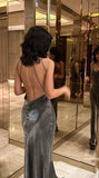 Niulatu Satin Mermaid Long Party Dress Graduation Gown Gray Prom Dress Evening Dress SD1735