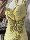 Niulatu Yellow Mermaid Halter Neck Sequin Diamond Long Prom Dress Backless Slit Evening Dress HZ1007
