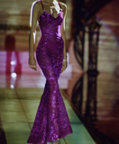 Niulatu Lace Mermaid Prom Dress Spaghetti Straps Purple Evening Gown HZ1007