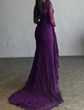 Niulatu Mermaid Split-Side Pleated Lace Evening Dress Purple Long Prom Dress HZ1007
