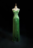 Niulatu Green Spaghetti Straps Satin Beaded Prom Dress Evening Dress HZ1007