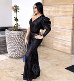 Niulatu Sequins One Sleeve Mermaid Prom Dress Black Evening Dress HZ1007